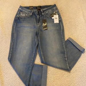 Earl Jeans sz 10 - stretch denim with cuffs and embellished pockets front/back